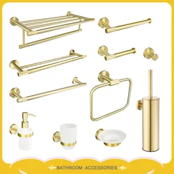 Wall Mount Brushed Gold Stainless Steel Towel Bar Towel Ring Paper Holder Bathrobe Hook Toilet Brush Bathroom Accessories