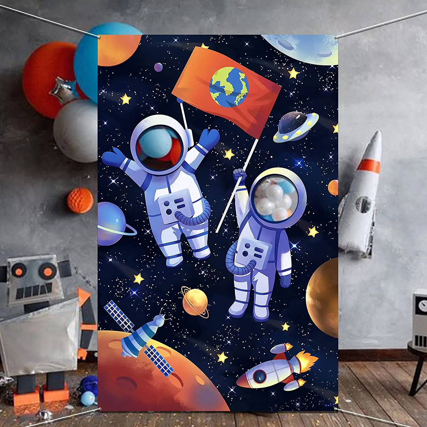 

Outer Space Astronaut Face Photography Backdrop Banner Astronaut Pretend Play Party Game Photo Props Background Universe Planets