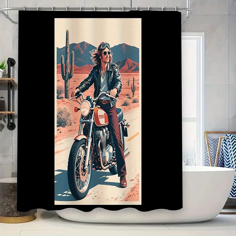 

Motorcycle Rider Shower Curtain Motorcycle Lover Gift Vintage Racing Bike Wall Art Bathroom Decor Rocker Musician Cool Black Mot