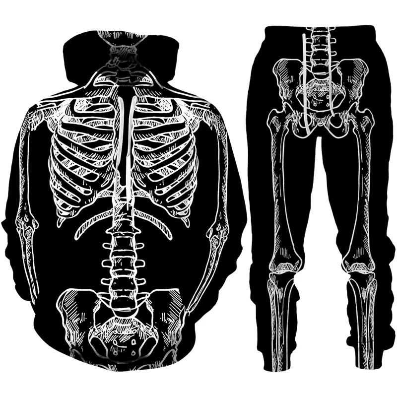 Men Tracksuit Set 3D Print Horror Skeletons Funny Halloween Skull Cosplay Hoodie+Pants 2pcs Sets Oversized Pullover High-quality