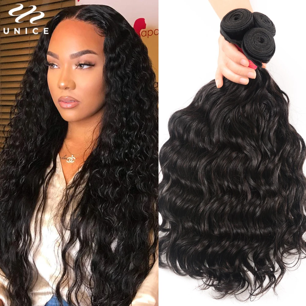 Unice Hair Natural Wave Human Hair Bundles 3/4 PCS Deal Natural Color 10A 100% Human Hair Bundles Quick Weave Sew In Bundles