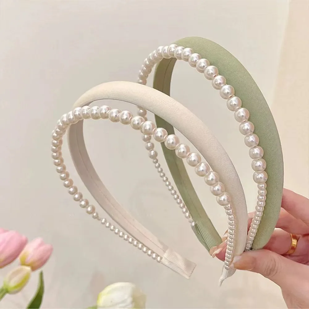 1Pcs 2026 New Narrow Satin Pearl Double-Layer Headband for Women Retro Elegant Black White Pearl Hair Hoop Wedding Hair Accessor