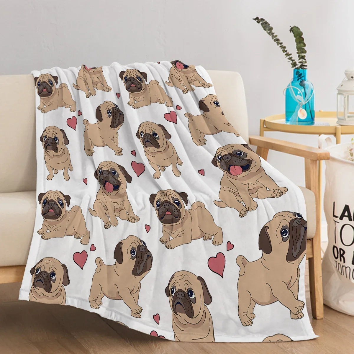 

Winter 3d Print Pug Blanket for Kids Adults Cute Dogs with Red Hearts Throw Blanket Cozy Blanket for Sofa Bed Living Room Cover