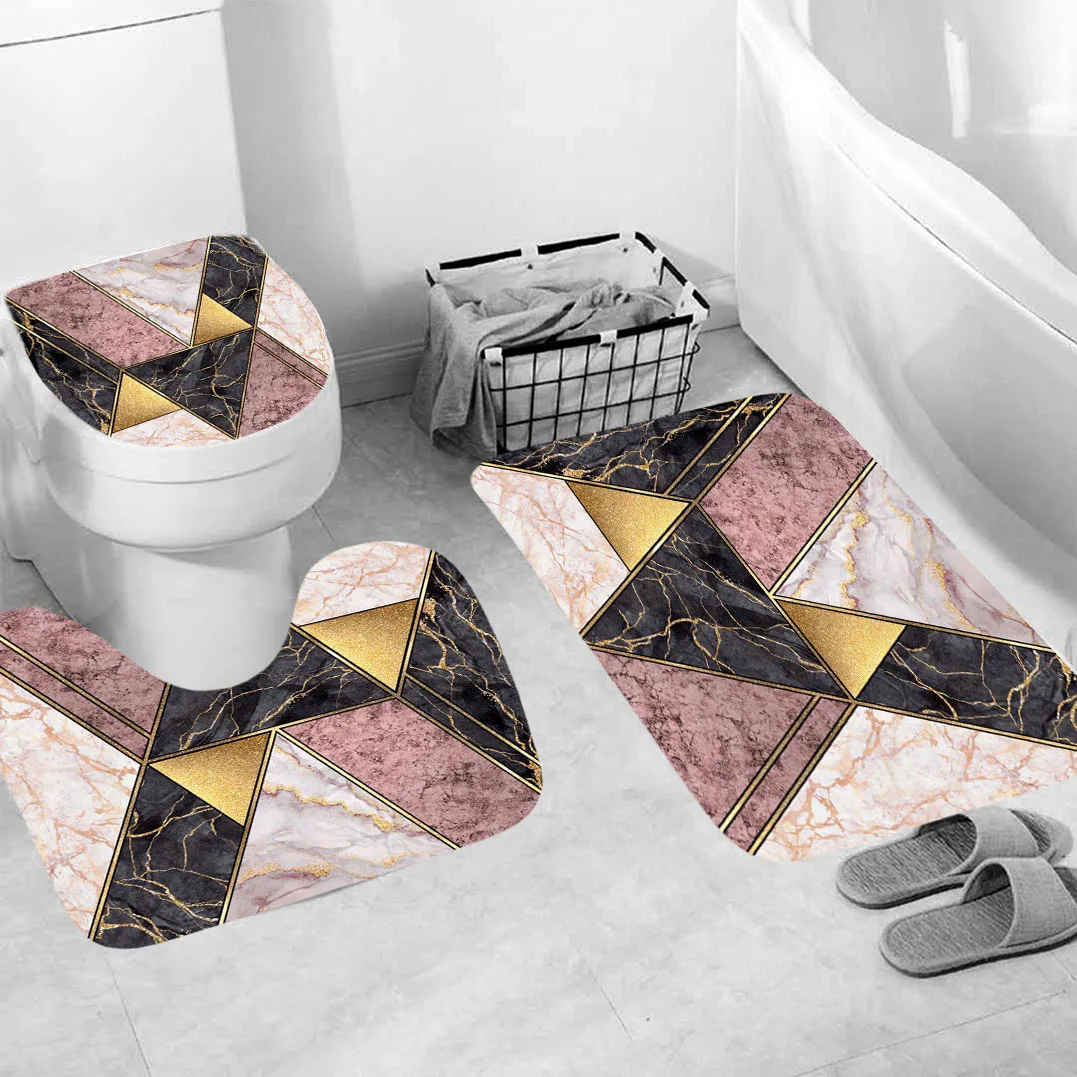 Shower Bathroom Mat Luxury  Black Non Slip Mug Carpet Modern Flower Toilet Seat Lip Cover Bath Home Decor Accessories 3pcs