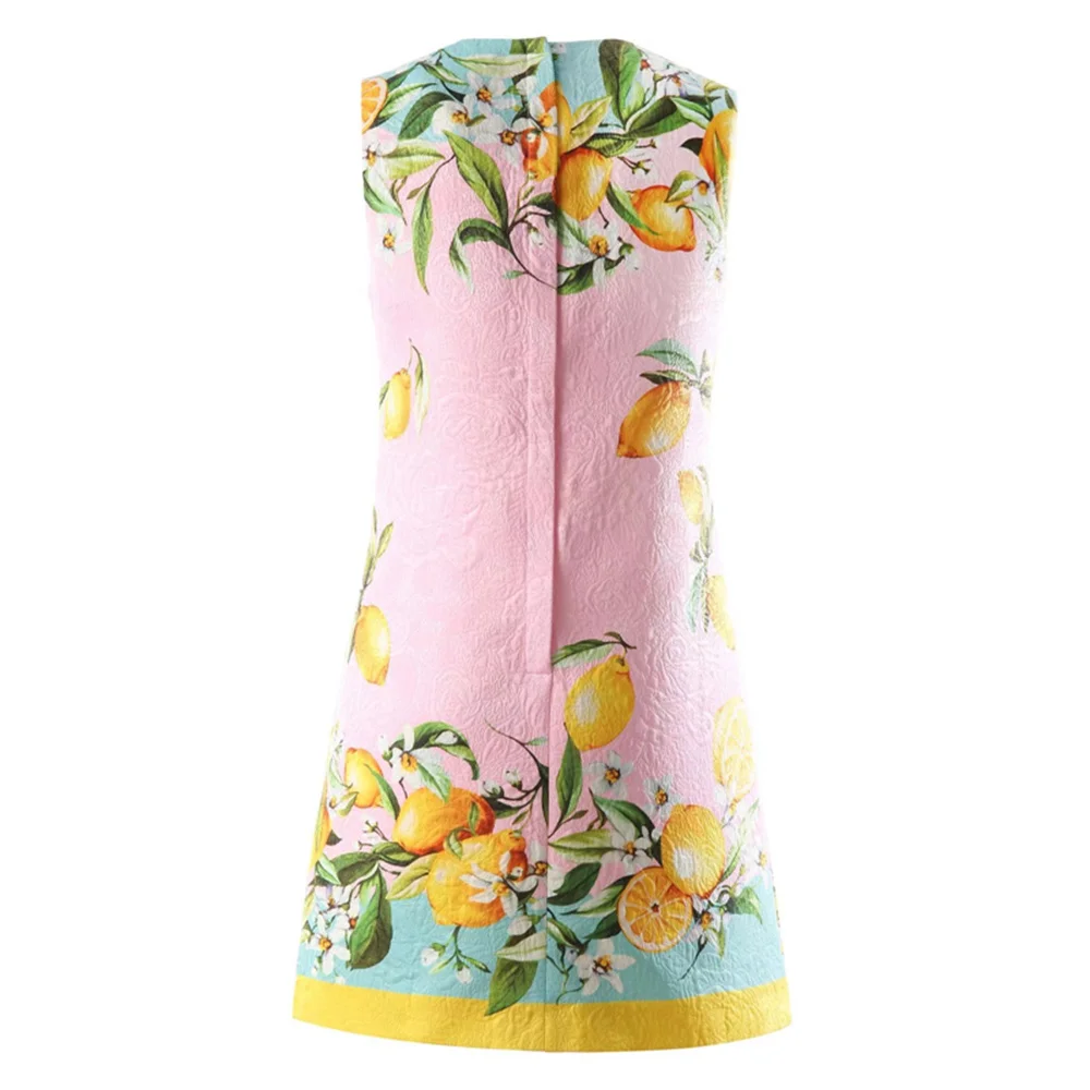 HIGH QUALITY Dresses for Women 2024  Summer Beach Vacation  Sleeveless Lemon Print Mini Sundresses Casual Boho Dress Luxury