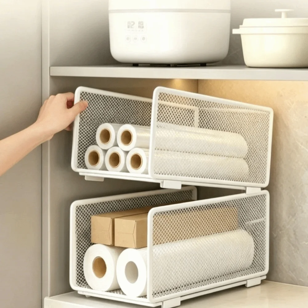 Multi-Layer Kitchen Storage Rack Iron Large Capacity Paper Roll Holder Space Saving Stackable Plastic Wrap Storage Rack