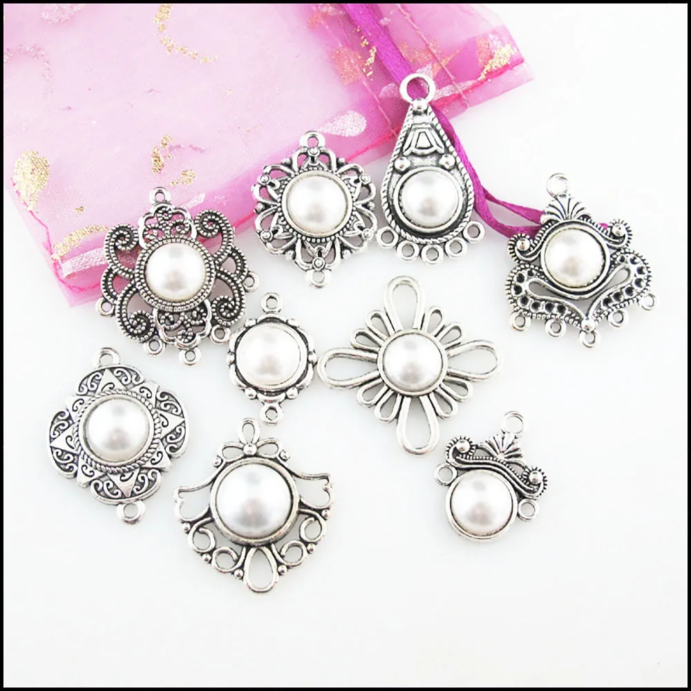 Fashion New Flower Cross Knot Crown Teardrop Charms White Plastic Pendants Connectors Tibetan Silver Plated