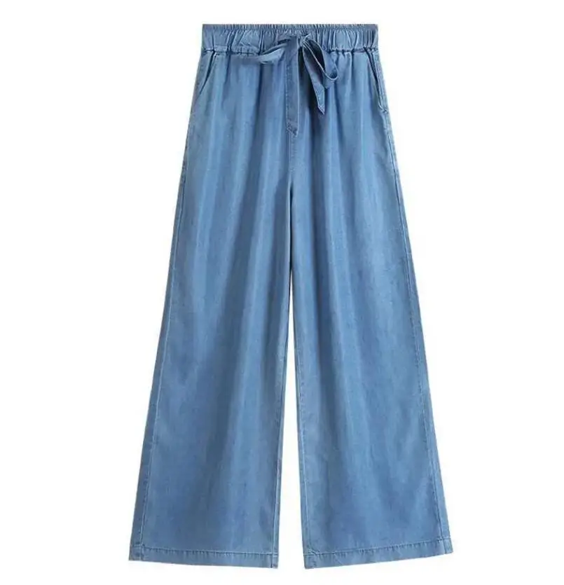 Summer thin Vintage Wide belt Long Pants Blue Denim Drawstring Wide Leg Jeans With Pocket Simple Fashion Trousers plus size