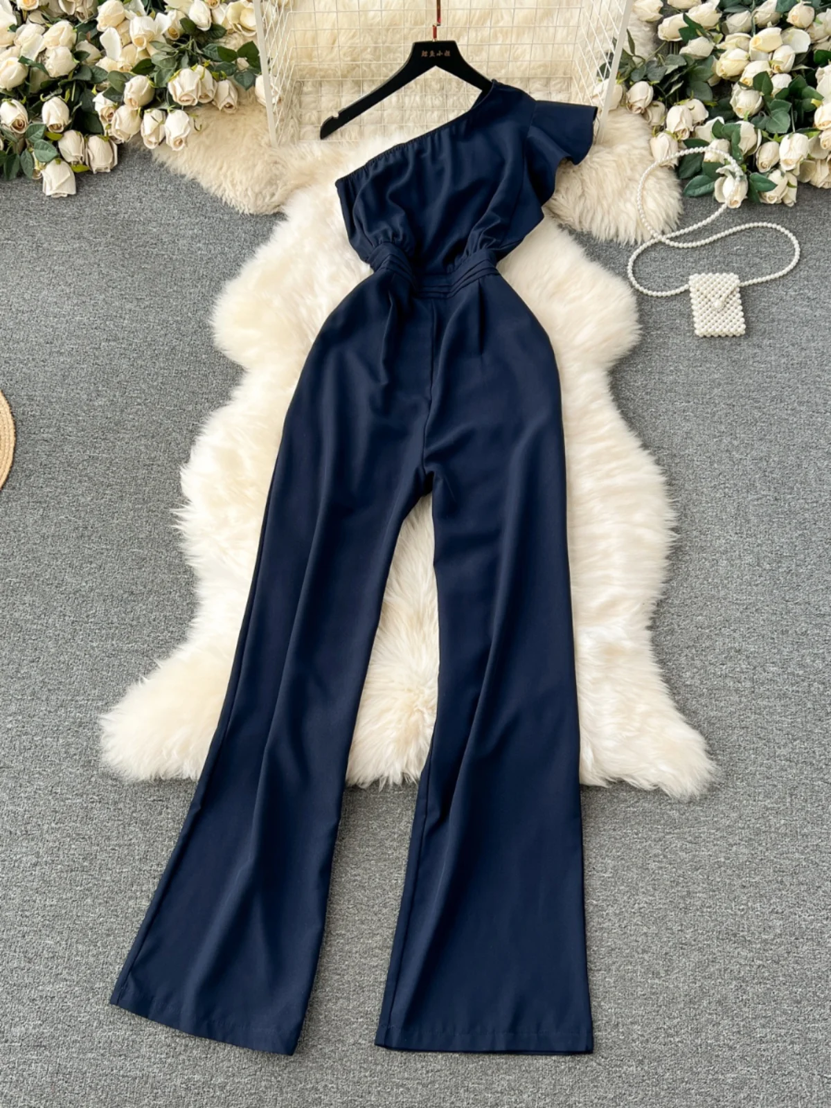 

Ele High Waist One-Piece Pants Women's Vaion Sle Asymmetrical Collar oulder Bared Wide Leg Long Pants