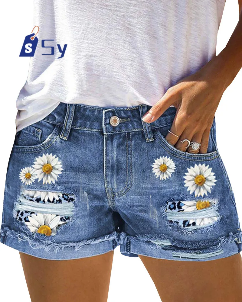 Sy Women Broken Holes Patches Denim Shorts Style Floral Print Three Quarter Pants Female Casual Rolled Trouser Leg Mini Jeans