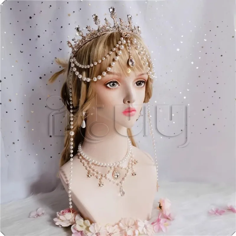 Handmade Notre Dame Apollo Sun Lolita KC Crystal Crown Headband  Wedding Crystal Pearl Crown Halo Necklace Hair Accessories Set