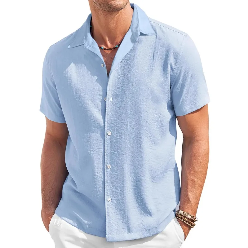Men's Light Blue Linen Blend Shirt Short Sleeve Cuban Collar Casual Summer Top