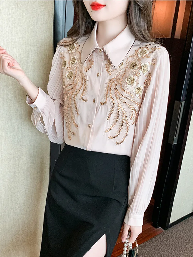 Spring Fall Chiffon Blouse Women Embroidery Sequins Beading Women Shirt Tops Elegant OL Long Sleeve Vintage Blusas Mujer De