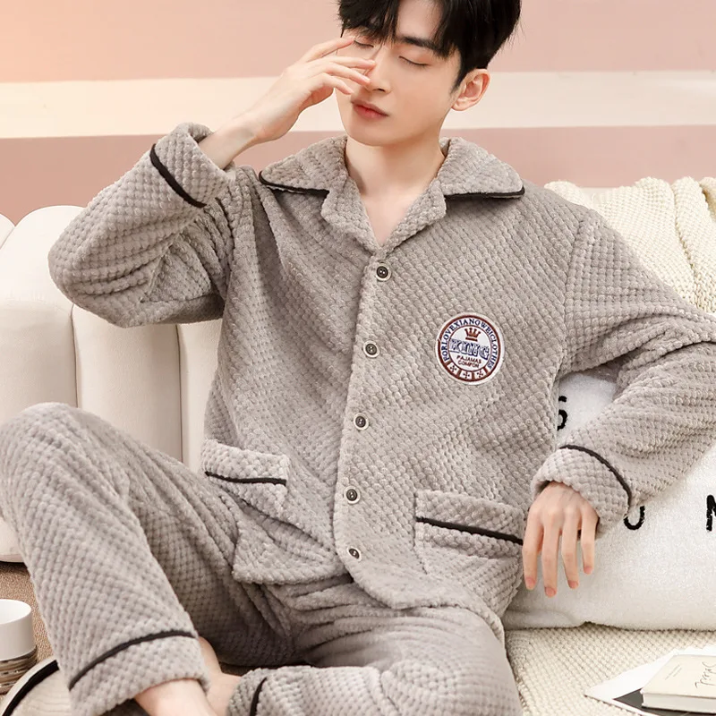 New Long-sleeved Cardigan Pajamas Men\'s Winter Can Be Worn Outside The Coral Fleece Pajamas Youth Thickened Facecloth Homewear