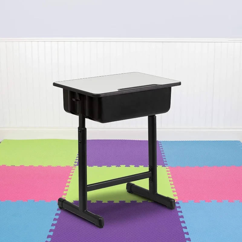 Open Front Student Desk for Classrooms or Remote Learning, Height Adjust School Desk with Book Box and Bag Hooks