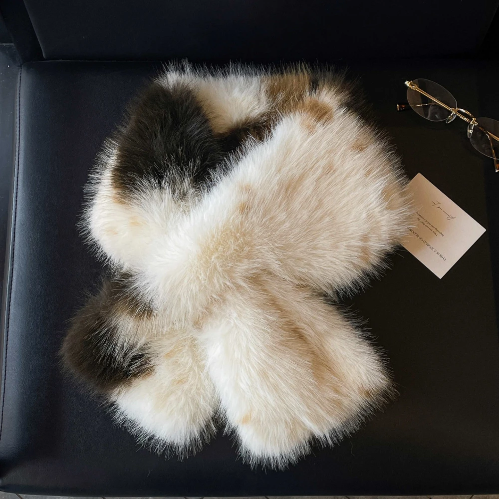 

Winter Women's Faux Fox Hair Warm Scarf Triple Pattern Fashionable Cute Fur Cross Neck Leggings Plush Cozy Scarf