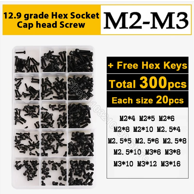 

300Pcs M2 M2.5 M3 Black 12.9 Grade Hexagon Hex Socket Cap Head Screw Bolts Set DIN912 Allen Screws Assortment Kit With Hex Keys