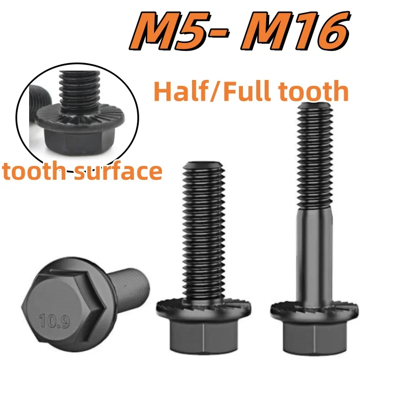 hex flange bolt steel M5M6M8M10M12 M14 M16 Black hex flange bolt Hex Washer Head Bolts serrated Grade 10.9 Steel Half/Full tooth