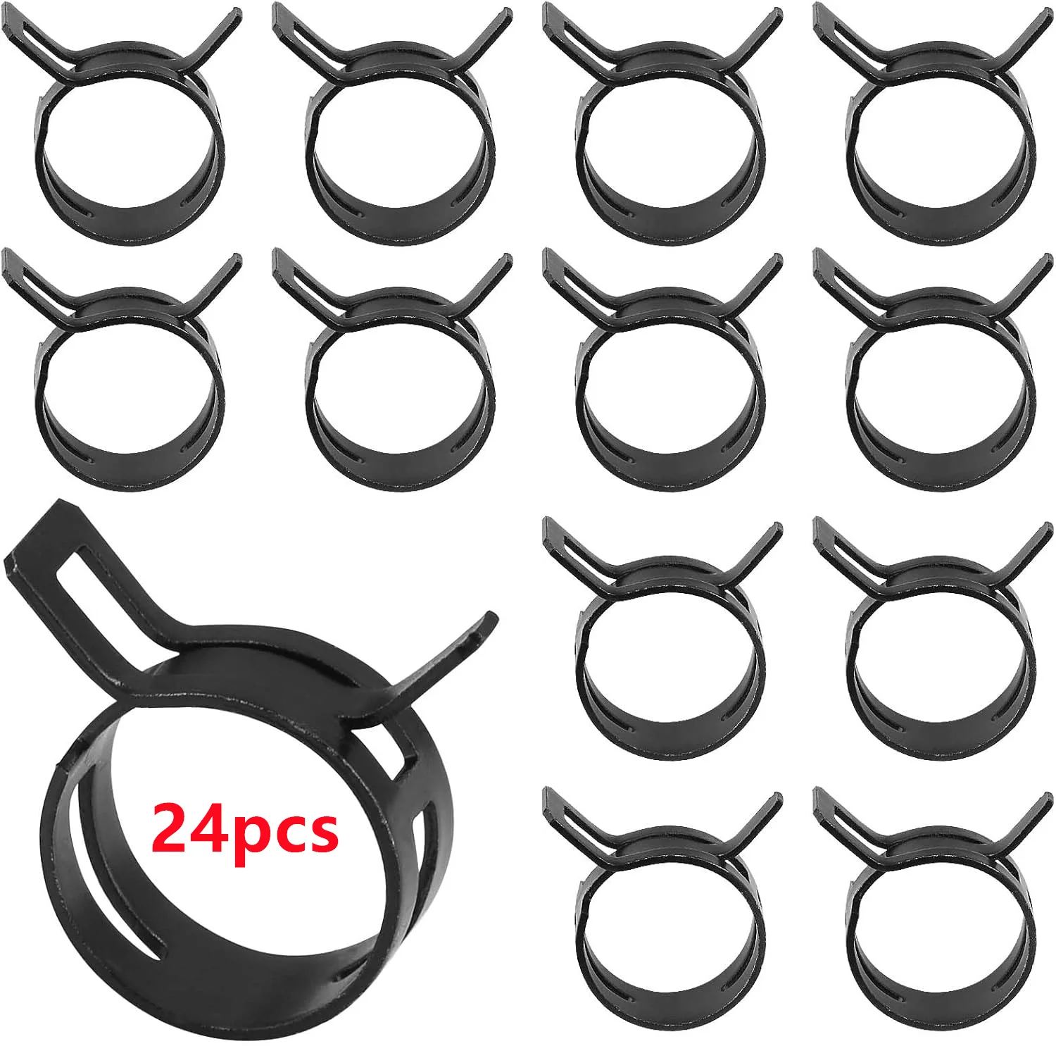 24Pcs Hose Clamps Fuel Line Water Pipe Clamp Hoops Air Tube Fastener Manganese Steel Pinch Spring Band Clip Black Elastic Clamp