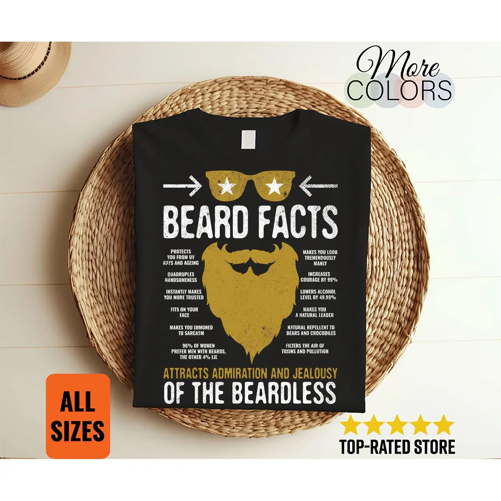 Funny Beard Facts Vintage T Shirt Retro Humor for Bearded Men Dad Mustache Lover Casual vintage Washed Soft Versatile