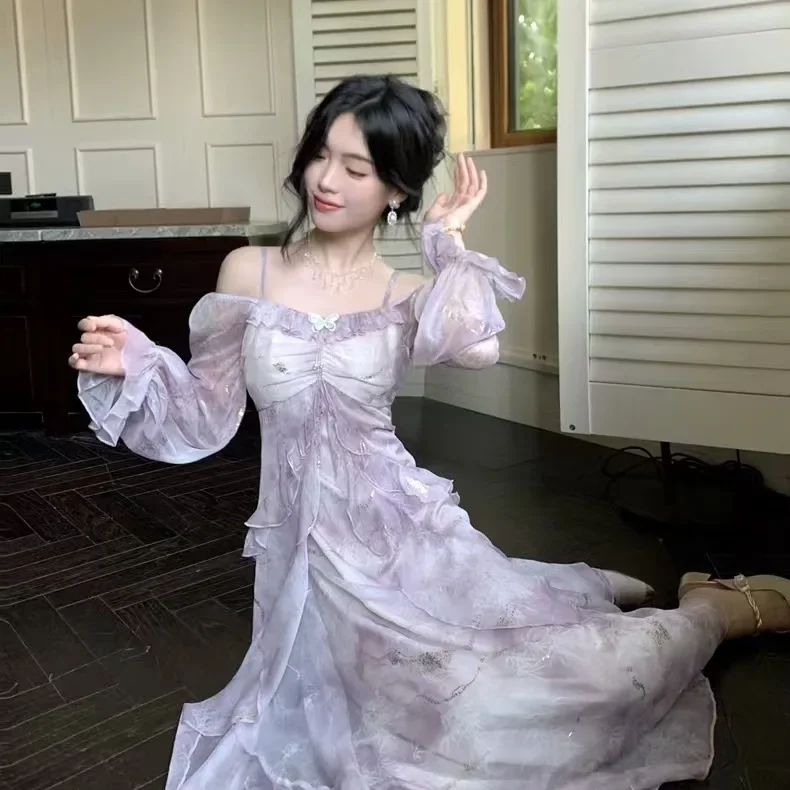 أنيقة الجنية الأرجواني التدرج فراشة الذهب تنقش فستان بكم طويل النمط الصيني خمر آخر فستان حافة ورقة فنية