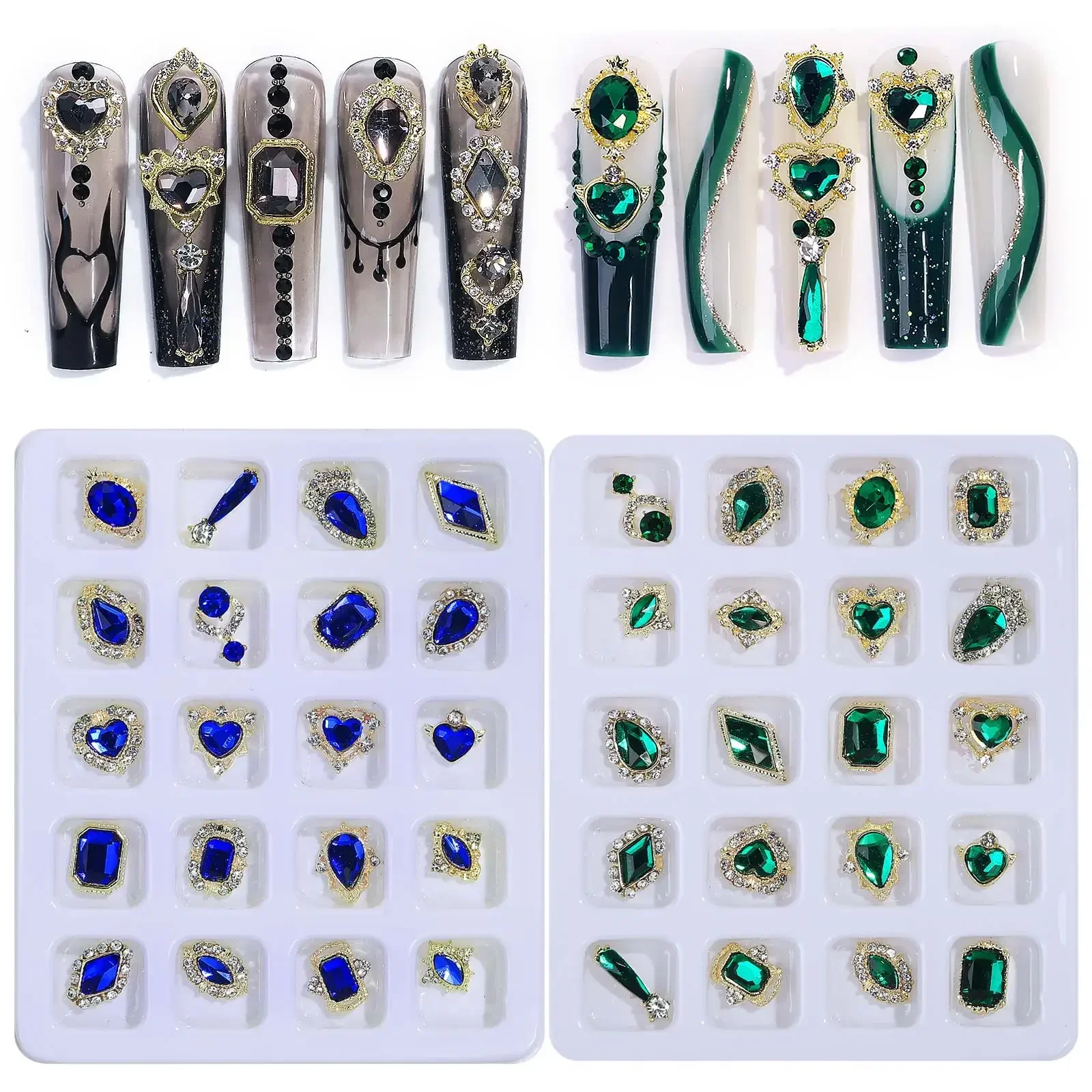 Kit di strass per nail art blu 20 pezzi Gemme Accessori per unghie in pietra Dimensioni multi-stile Glitter 3D Lussuosa decorazione per manicure in