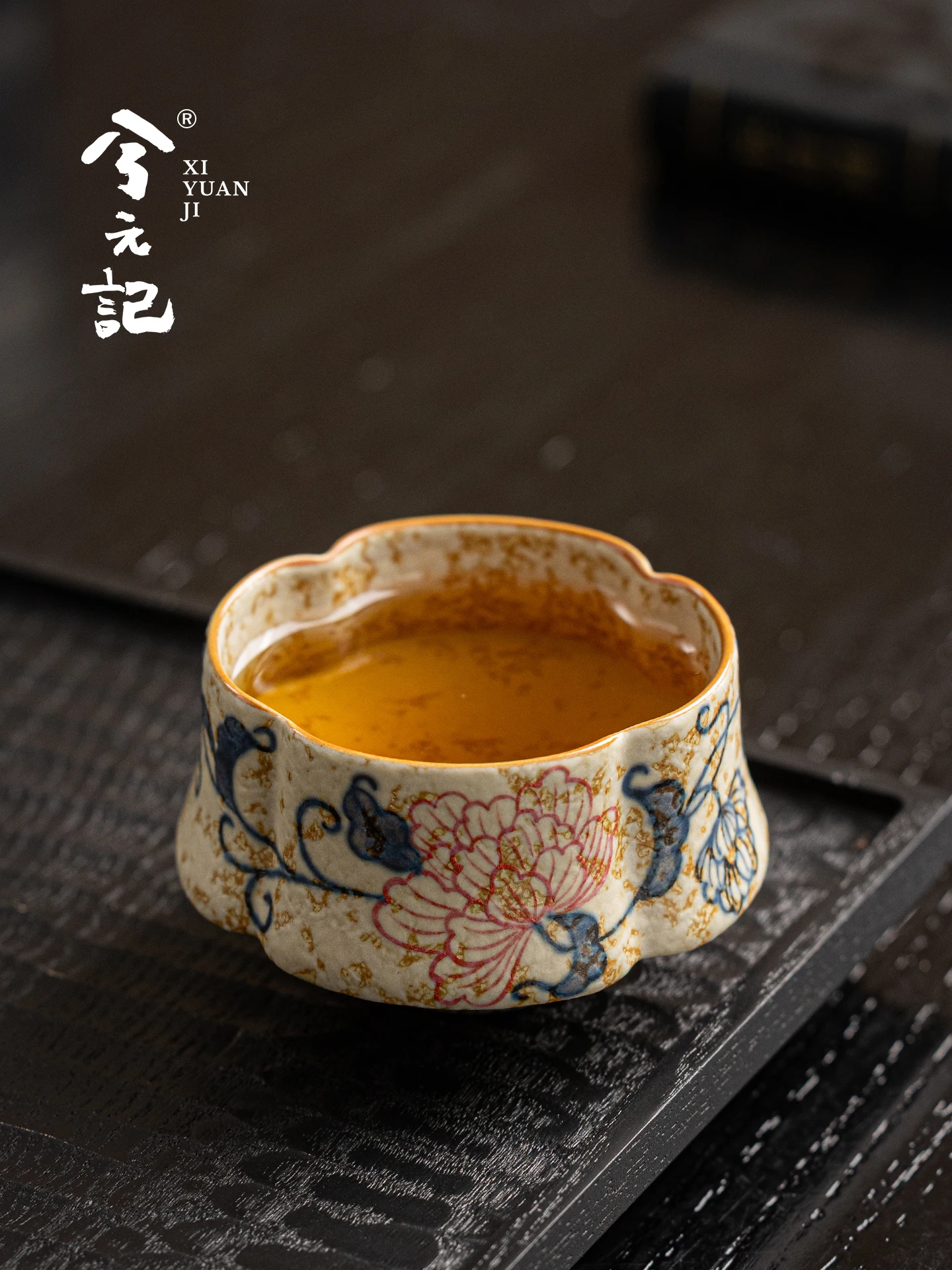 Hand Painted Peony Cup Blue and White Fire Stone Red Ceramic Tea Single Personal Dedicated Kung Fu Set