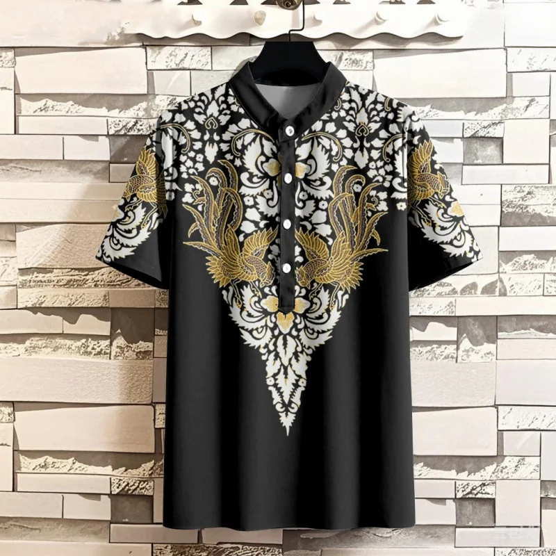 

Flowers Leaves Pattern Grandpa Shirt For Men Retro 3D Printed T-Shirts Summer Street Short Sleeve Tees Stand Collar Polo Shirts