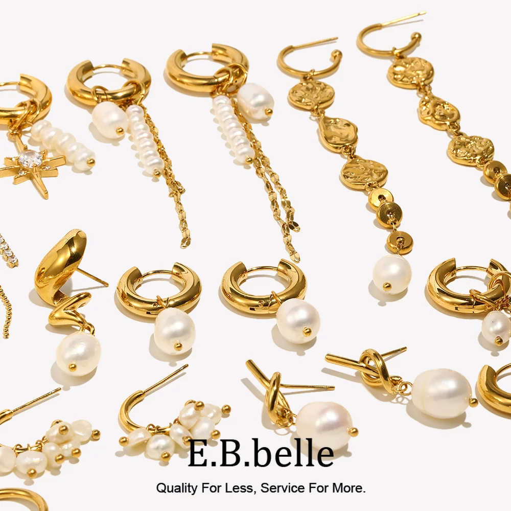 E.B.belle elegante perla de agua dulce de acero inoxidable sin deslustre pendiente de aro joyería chapada en oro para mujer