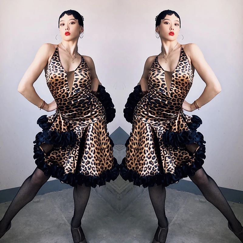 Luipaardprint Dansjurk Volwassen Mouwloos Open Rug Sexy Jurken Vrouwen Rumba Cha Cha Prestaties Outfit Latin Stadium Slijtage 1770