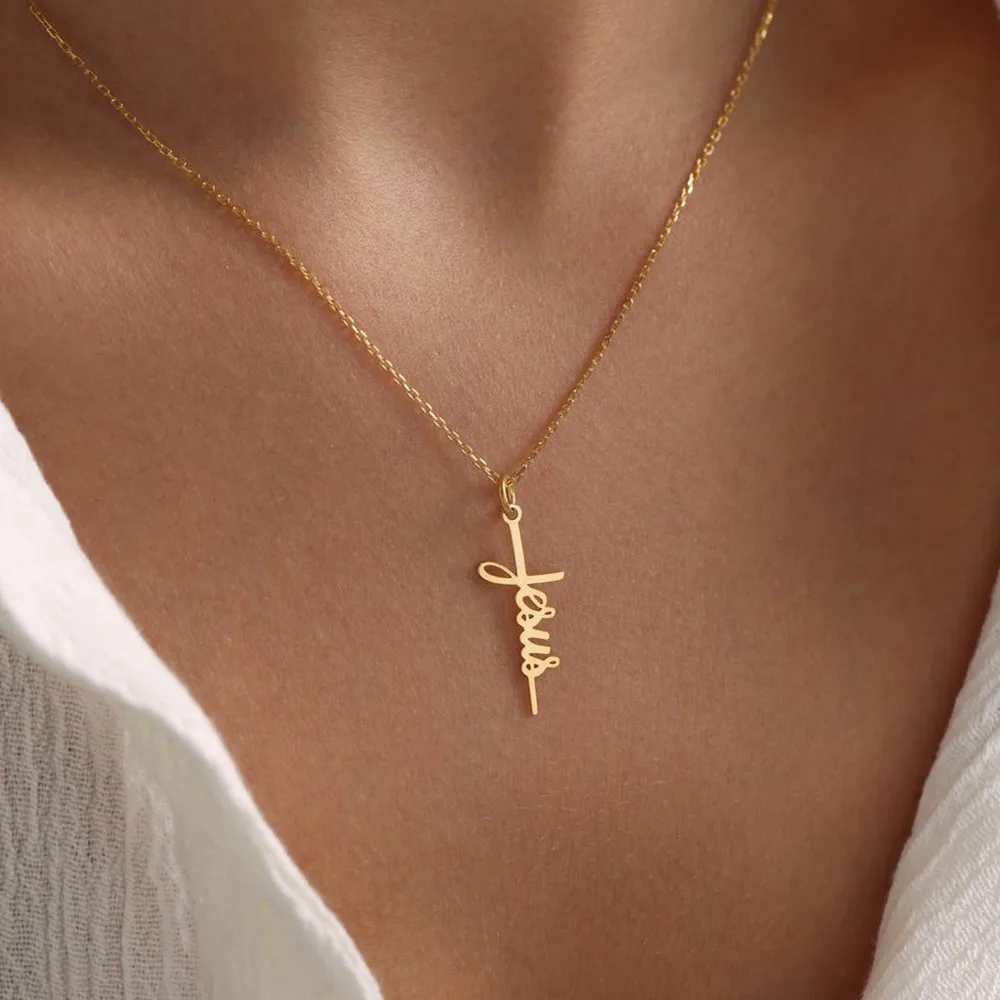 

Custom Cross Name Necklace Pendant Christian Jewelry Stainless Steel Chains for Man Women Christemas Personalized Gifts