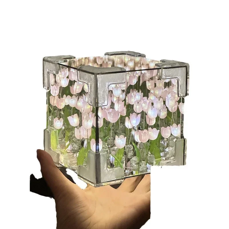 Creative Diy Tulip Flower Sea Cube Three-Dimensional Small Night Lamp Material Package for Girlfriend Couple Girlfriends