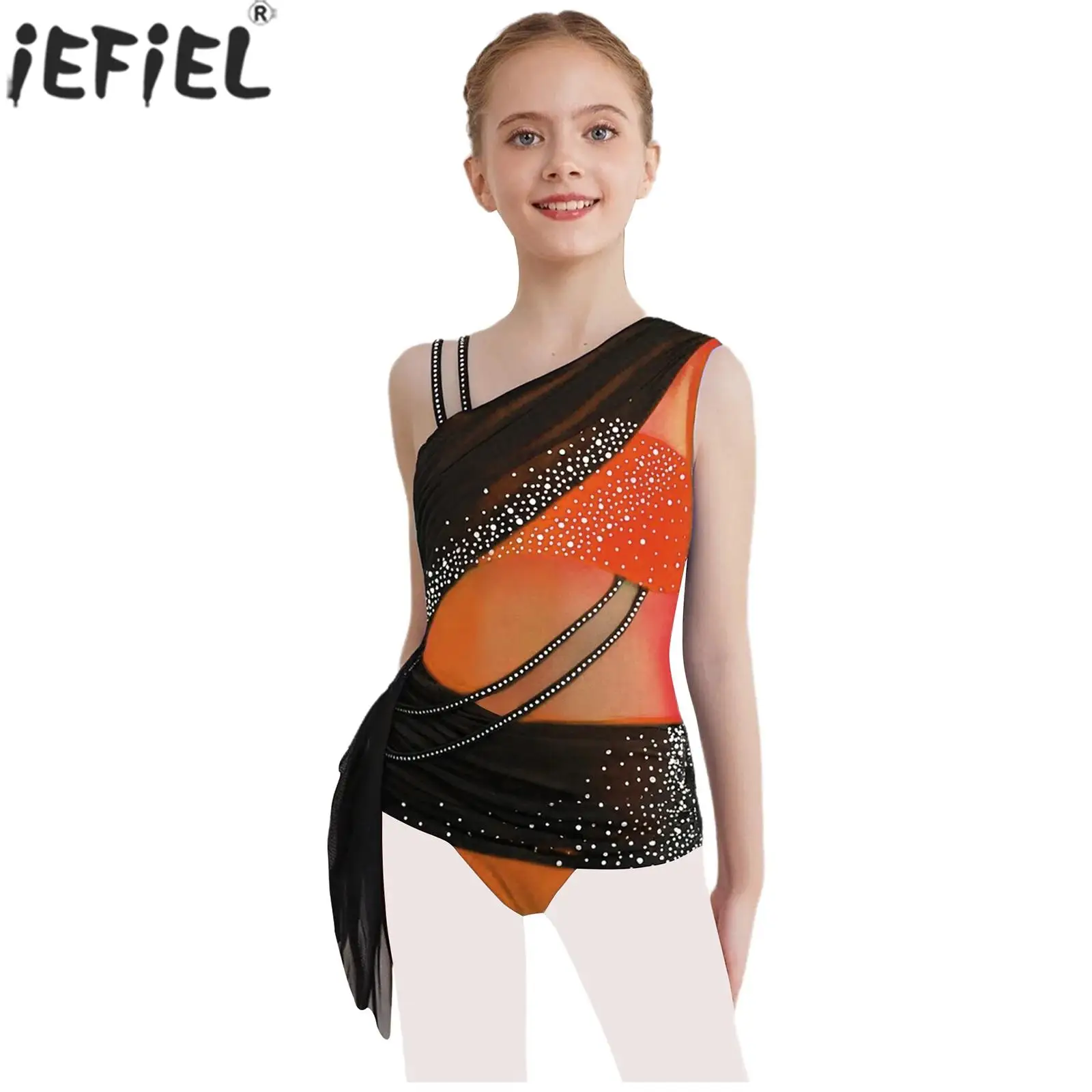 6-16Y Kids Girls Modern Lyrical Dance Dress Figure Skating Gymnastics Performance Bodysuit Sheer Mesh Shiny Rhinestone Leotard