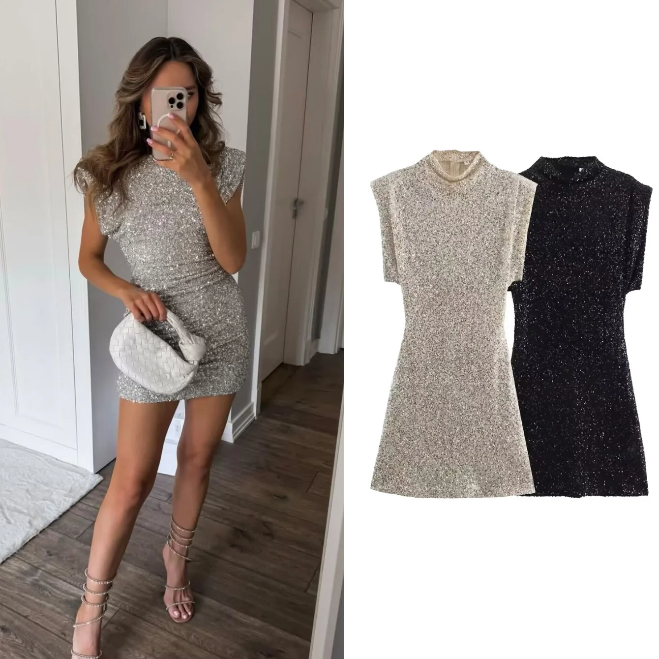 Dames hoge hals mini-jurk zomer schouderstuk pailletten mouwloze mini bodycon jurk vrouwelijke mode elegante avond feestjurk
