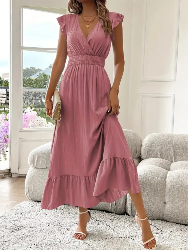 Vestido longo feminino 2025 verão novos vestidos com decote em v cor sólida cintura elástica maxi vestido senhora do escritório moda casual uma linha vestido