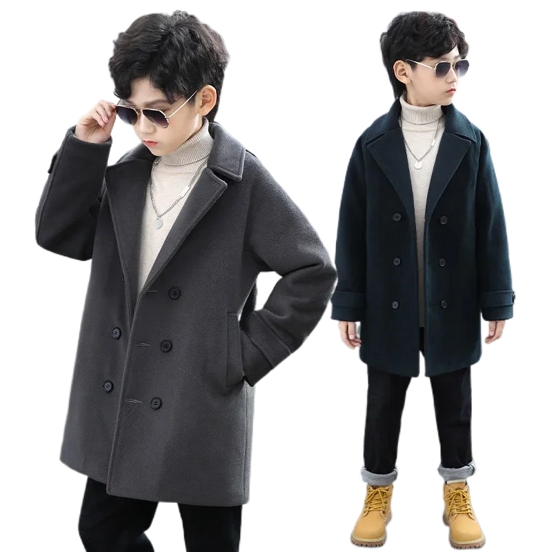 

Boys Wool Coat Autumn Winter Children's Jacket Fashion Turn Collar Plaid Keep Warm Outerwear Teenage Clothes 2024 New 5-14Year