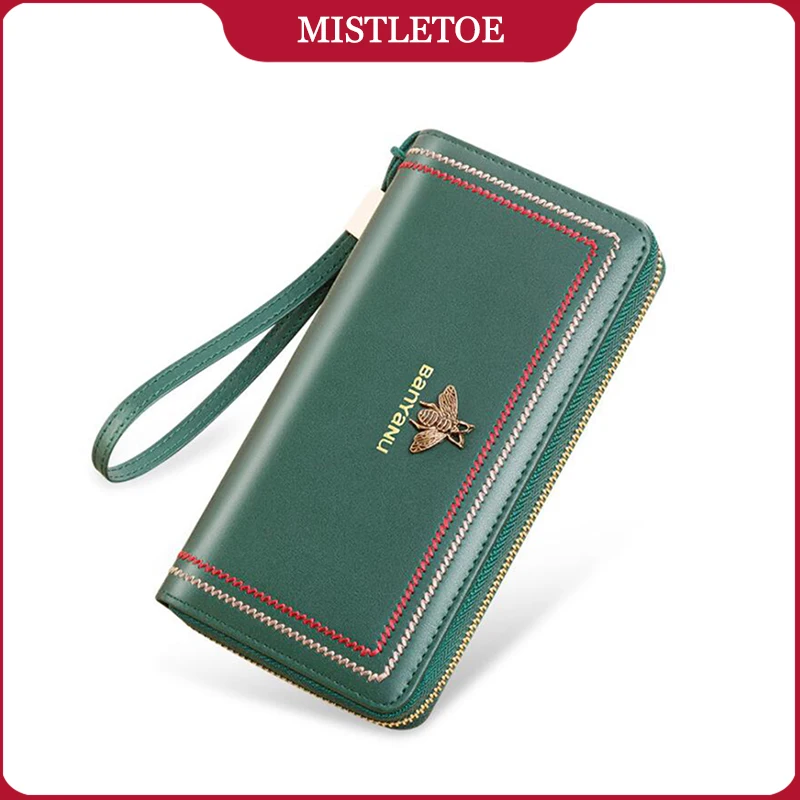 Busniess Women Zipper Wallet Travel Large Capacity Cowhide Genuine Leather Long Cellphone Purse for Women Green Black Color