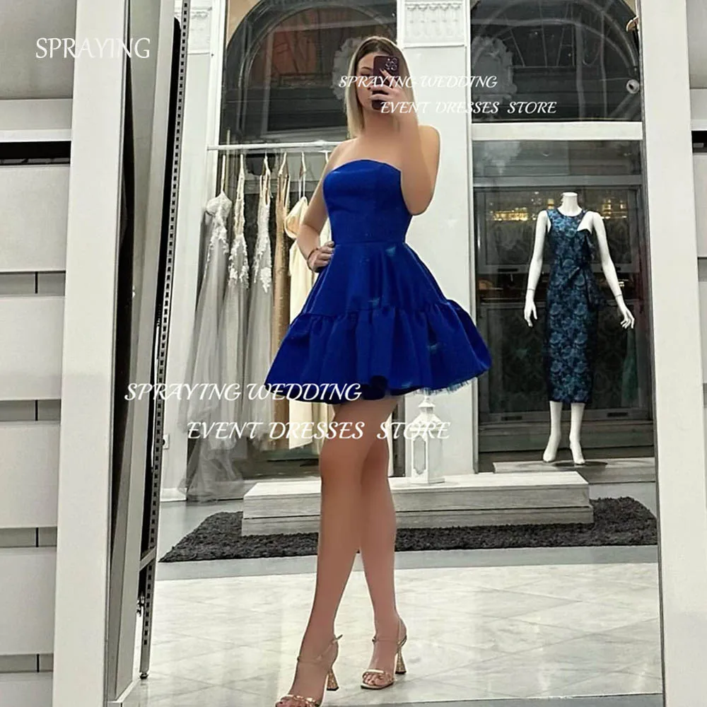 

SPRAYING Simple Strapless Satin Blue Wedding Dress Mini Above knee Short Bridal Gown Corset Back 2024 Formal Event Dresses