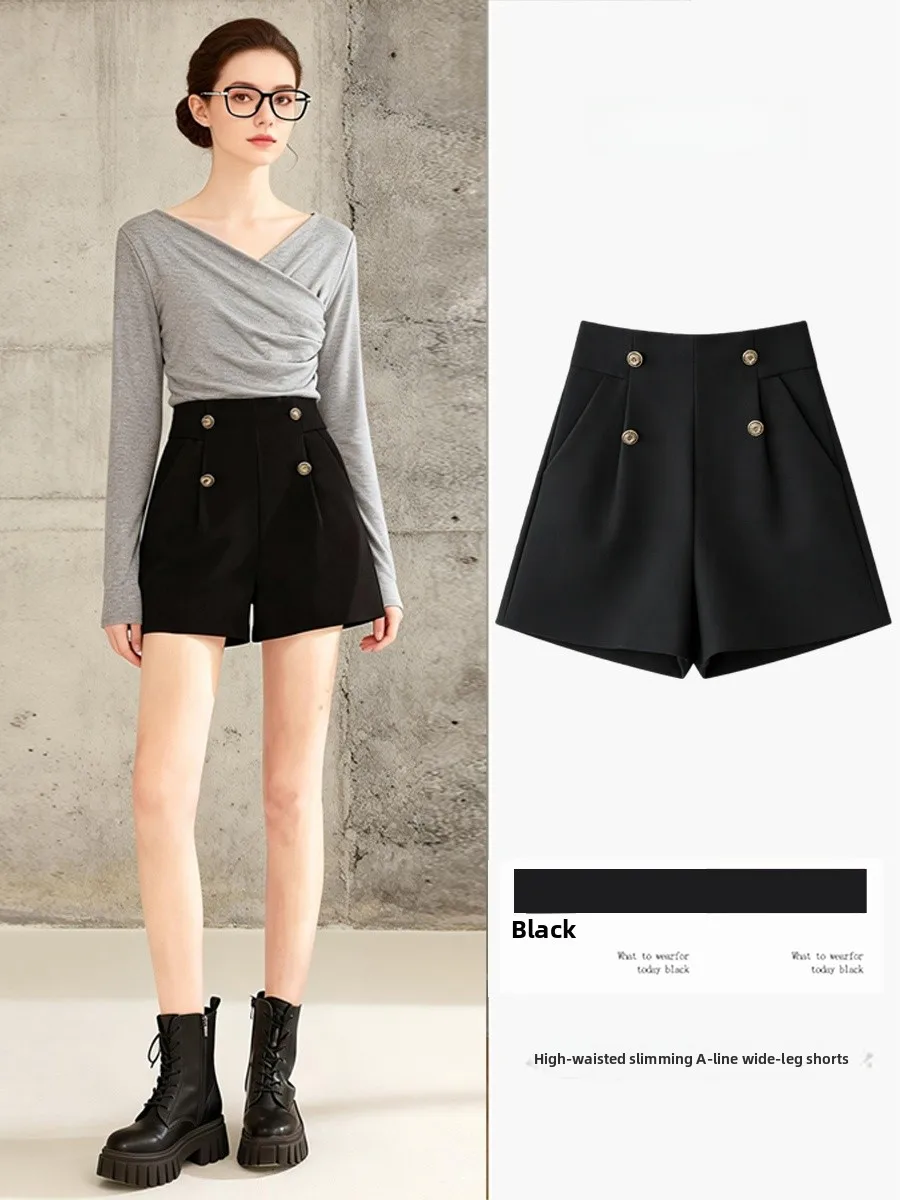 

High Waist Double Breasted Suit Shorts Women's Summer New Style Casual A-Line Pants Slimming Wide Leg Trousers Outerwear
