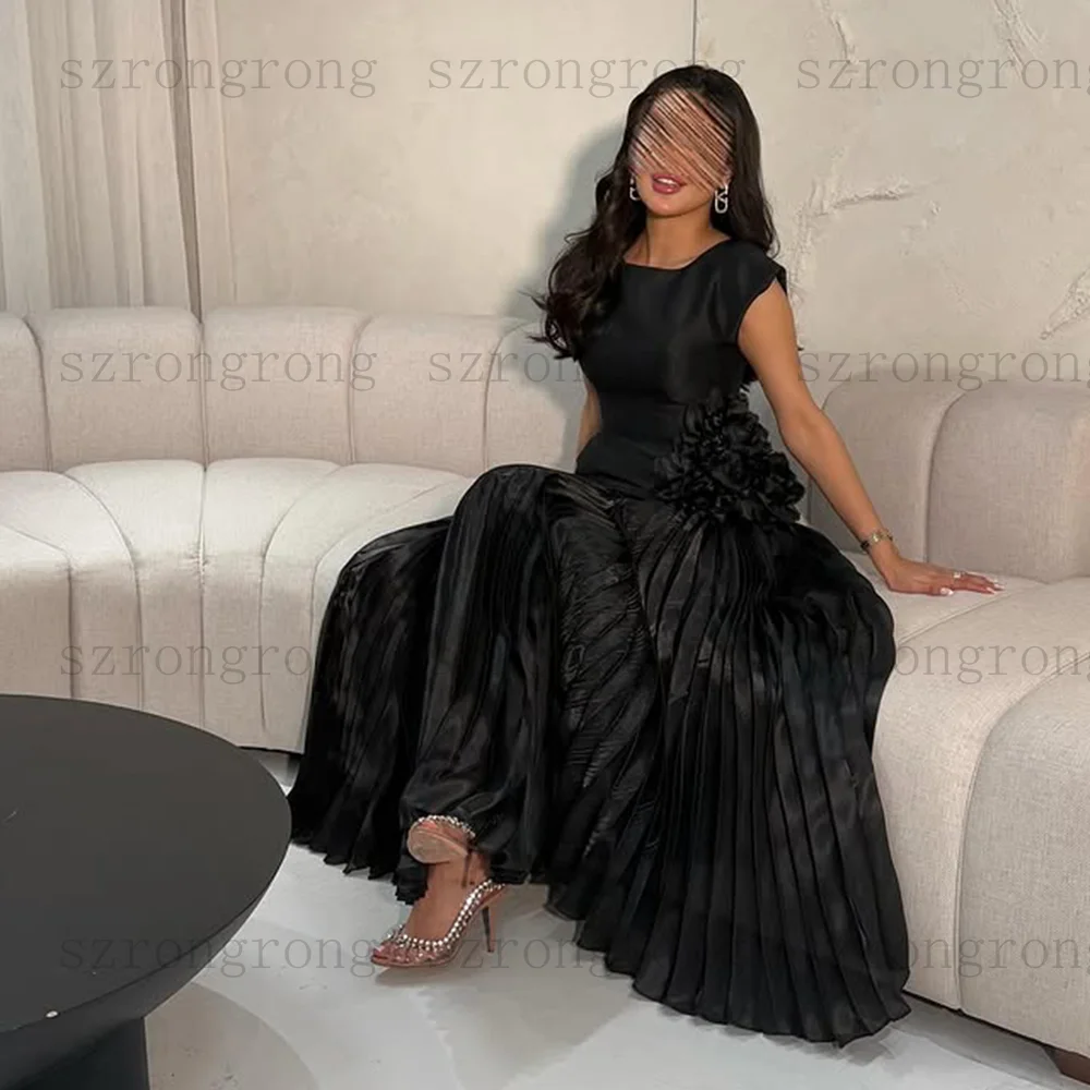 겸손한 오-넥 새틴 Pleated a 라인 긴 사우디 신부 드레스 여성을위한 수제 꽃 민소매 이브닝 가운 맞춤 제작