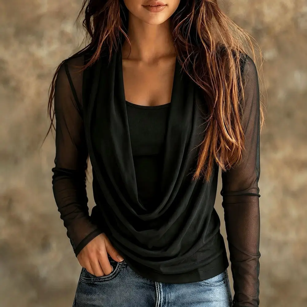 Elegant Women Mesh Stitching Long Sleeve Blouse And Camisole Set Fashion Mock Neck Pullover Casual Autumn Outfits
