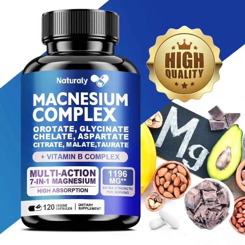Suplemento de magnesio complejo de 1000 mg, glicinato de magnesio quelado, malato, tauro y citrato, con vitaminas C, E, B1, B2, B6, B12
