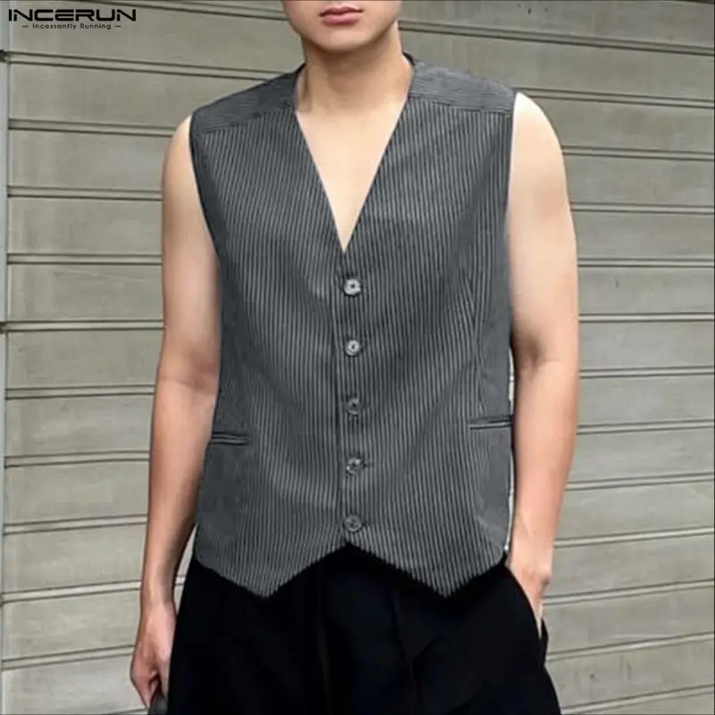 

Мужские жилеты INCERUN в полоску с V-образным вырезом, без рукавов, на пуговицах, повседневные, уличный стиль, элегантные, модные, 2026