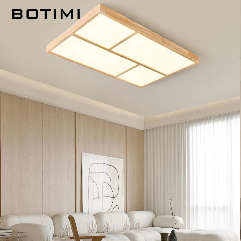 BOTIMI Rectangle Wood LED Ceiling Lights With Remote Control For Foyer Square Wooden Surface Mounted Bedroom Ceiling Lamps