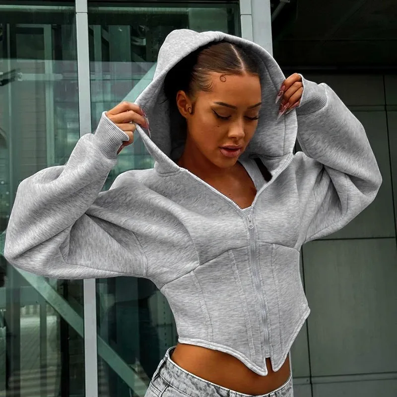 Streetwear Hood Cardigan Women Short Zip Up Hoodies Solid Color Y2k Hoodie sweatshirts female Spring Autumn Women Clothing