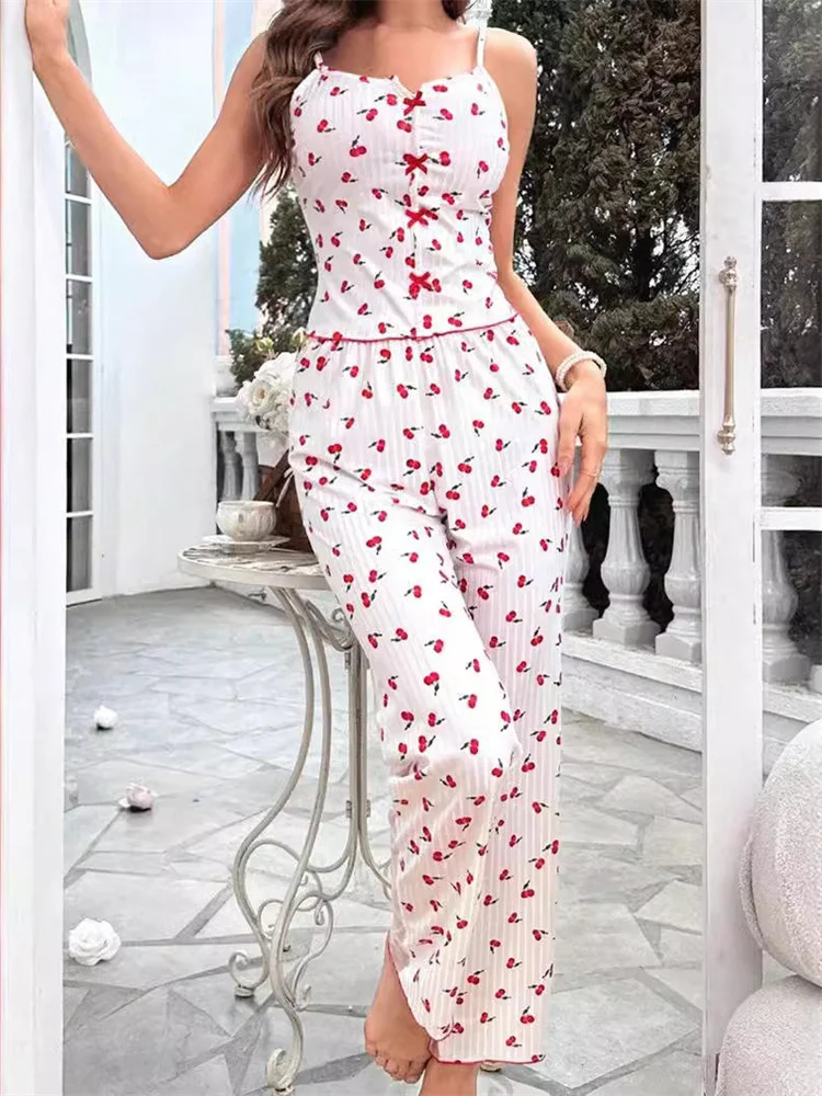 SFY-Y1263 Custom Women Printed 2 Piece Pajamas Set Sexy Sheer Mlesh Patchwork Camisole Crop Top And High Waist Pants Homewear