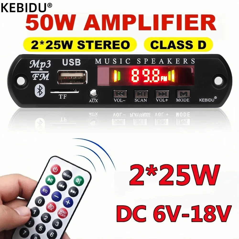 2*25W 50W Amplifier MP3 Player Decoder Board 12V 18V Wireless Bluetooth 5.0 Car Audio USB TF FM Radio Recording Call For Speaker
