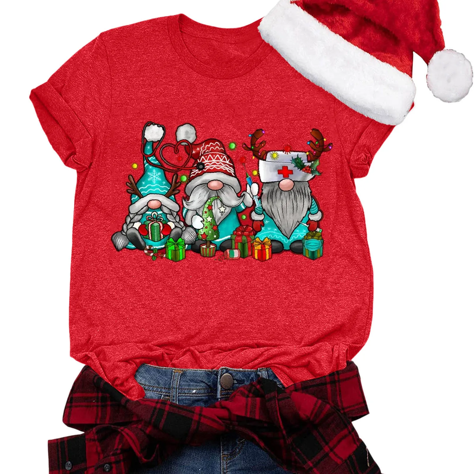 Camisetas con estampado navideño para mujer, Tops de manga corta con cuello redondo, Túnica de Navidad, jerséis de dibujos animados feos, blusa femenina de Año Nuevo