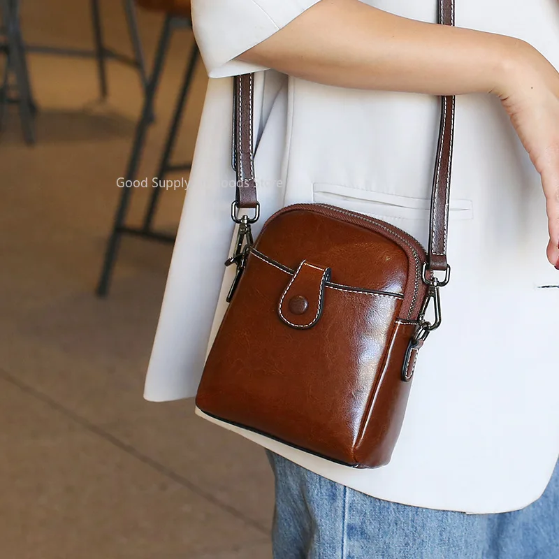 Женская маленькая сумка из воловьей кожи для мобильного телефона, однотонная женская сумка на одно плечо, сумка через плечо, мягкий масляный воск, кошелек из воловьей кожи