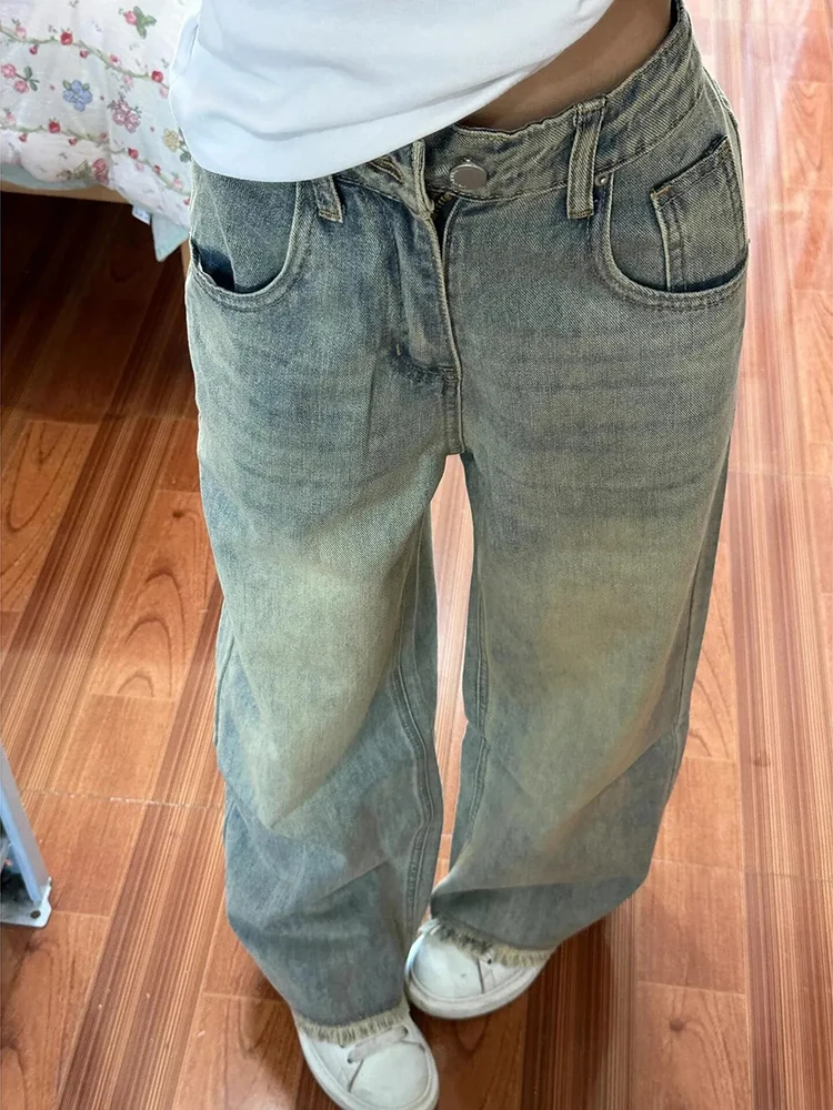 Retro yellow mud wide leg jeans women in autumn new high waist loose fit rough edges design straight leg long pants